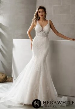 Robe De Mariée Sirène En Dentelle Symétrique Avec Traîne Transparente -Soiree Blanche Boutique 47a8671f4f