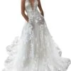 Robe De Mariée Col V Plongeant Avec Motifs Floraux -Soiree Blanche Boutique 517nSHKLLML. AC UL960 QL65