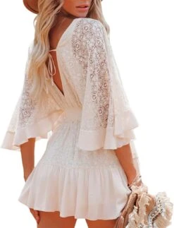 Robe De Plage Dentelle Sexy à Manches Courte