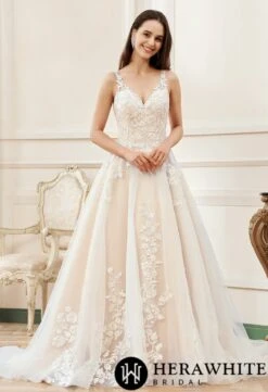 Robe De Mariée Rose Nude En Ligne A Avec Détails Floraux Et Bretelles D’illusion -Soiree Blanche Boutique 623ee0d60d