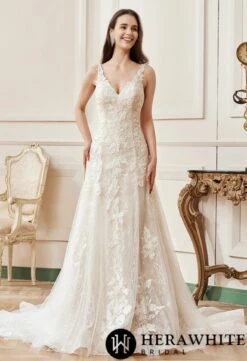 Robe De Mariée Romantique à Encolure En V Avec Appliques Florales -Soiree Blanche Boutique 94ccdeff31