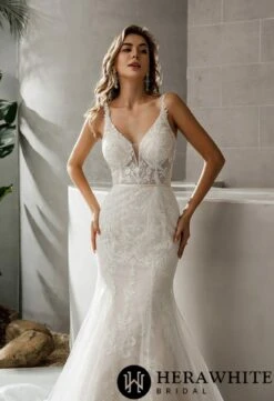 Robe De Mariée Sirène En Dentelle Symétrique Avec Traîne Transparente -Soiree Blanche Boutique 9781361202